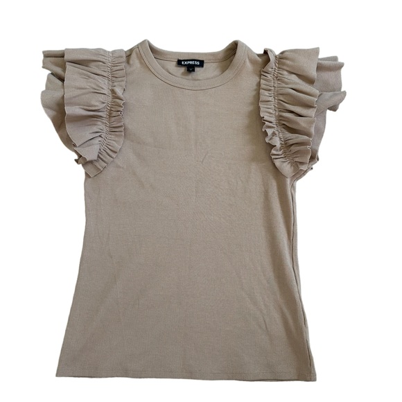 Express Ribbed Ruffle Sleeve Blouse Beige Ribbed BodyCon Size Medium - Picture 2 of 8